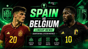 Spain vs Belgium quarterfinal match preview showing team lineups, tactics, and key player battles at SoFi Stadium.